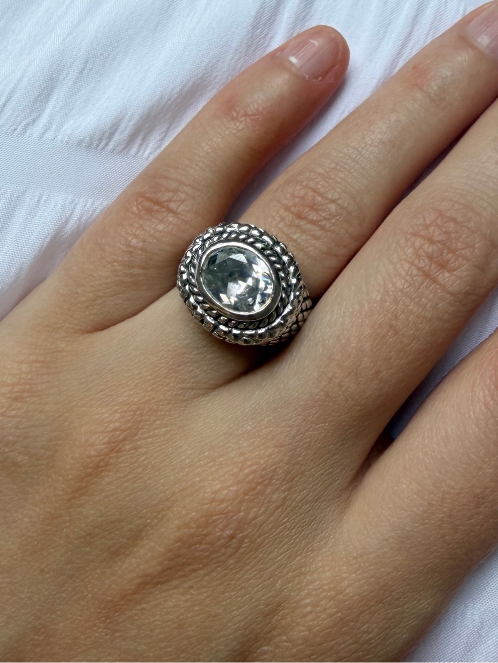 Sterling Silver Textured Statement Ring with Clear Stone, Size 7